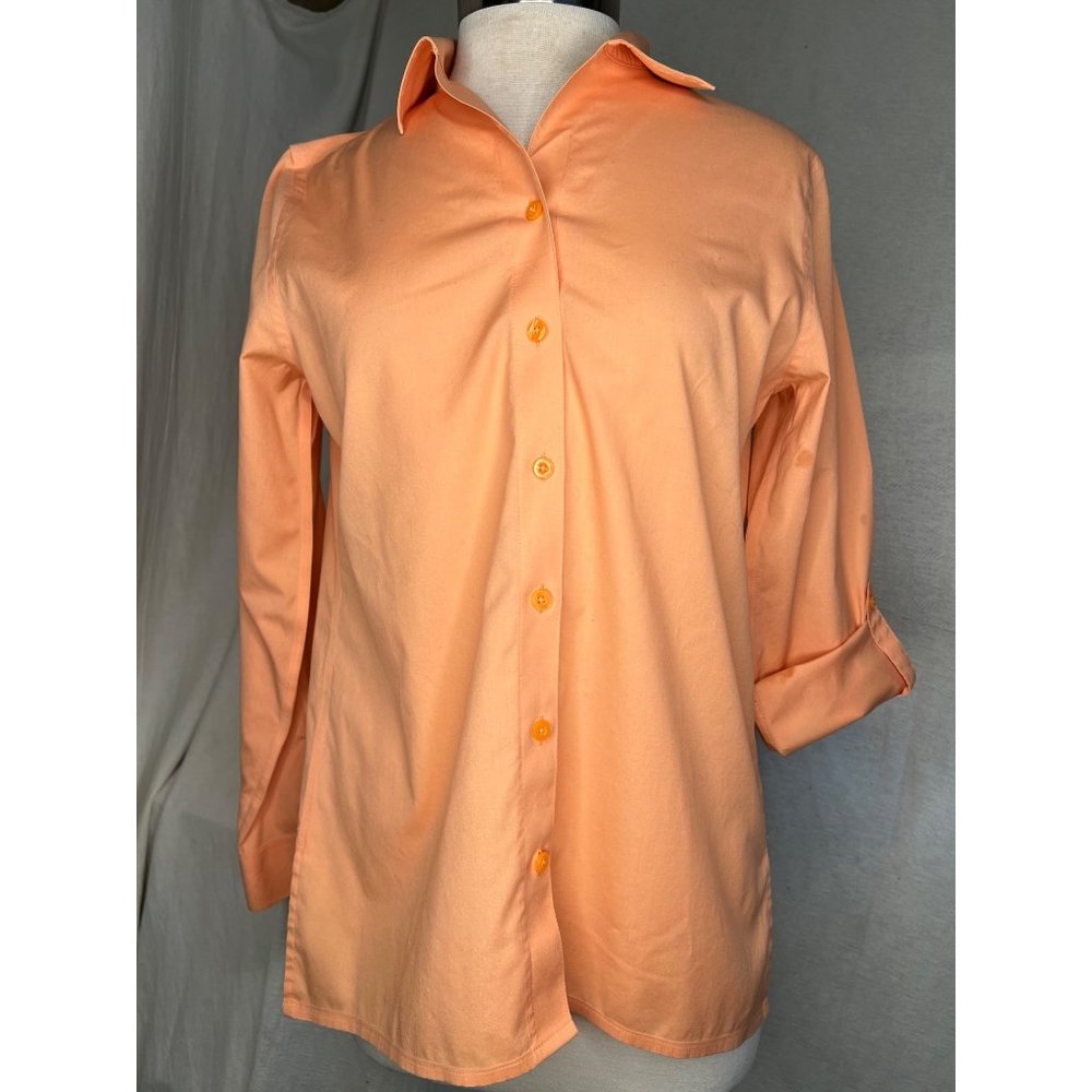 Chicos, orange button front blouse size 0/US4XS  no iron long sleeve